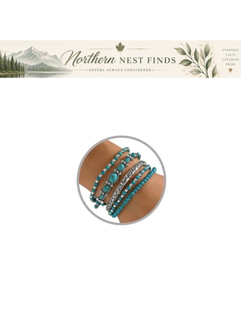Turquoise Beaded Bracelet Stack Silver Spacer Pendant Boho Western